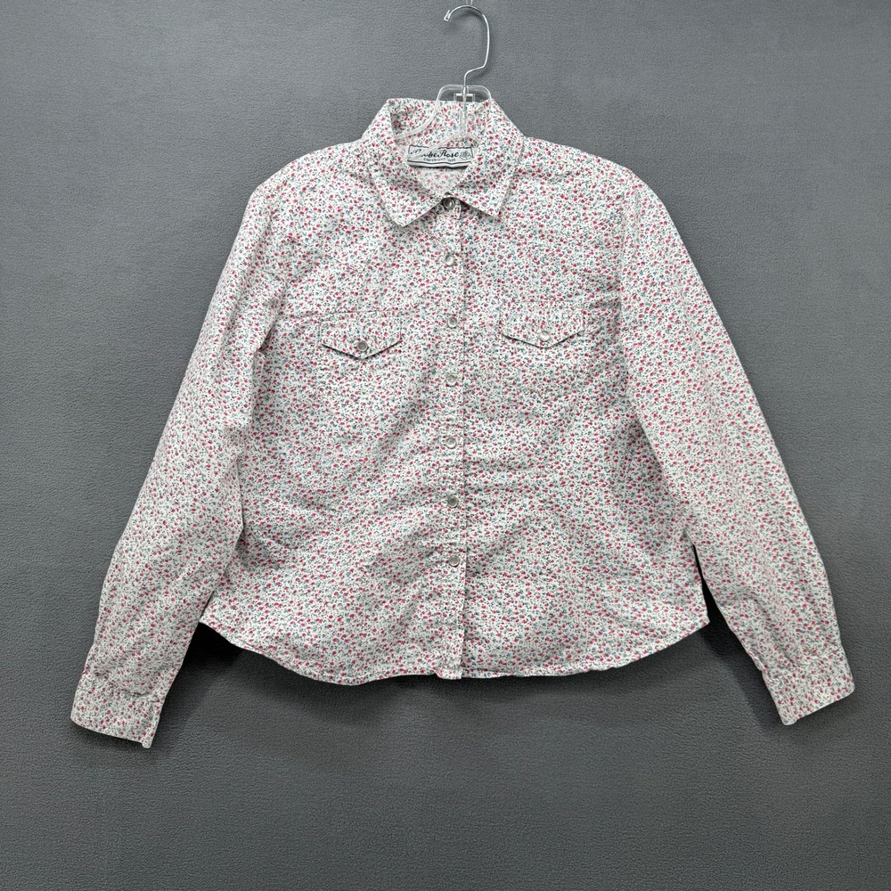 Adobe Rose Shirt Womens Vintage Western Floral Pearl Snap Front White Pink L